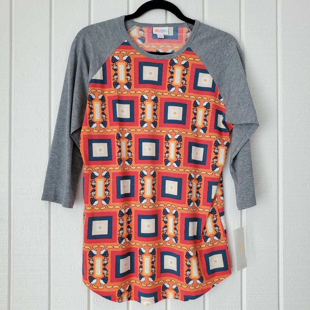 Disney LuLaRoe Randy Baseball Raglan Tee T-shirt Grey Orange Donald Duck NEW